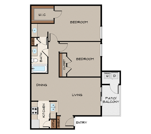 Floor plan for 2 beds, 1.3 baths, 875 sqft